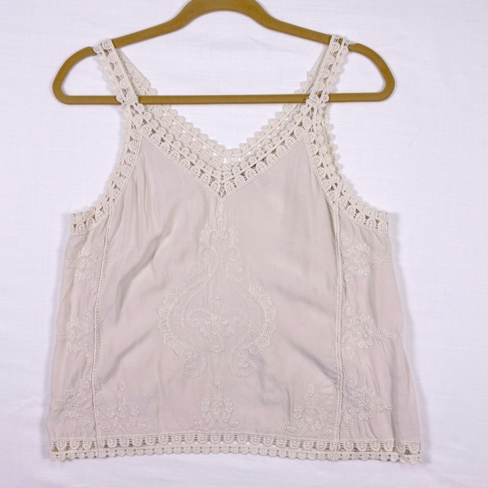 Ultra Pink Womens Small Beige Embroidered Boho Crochet Trim Cami Tank Top